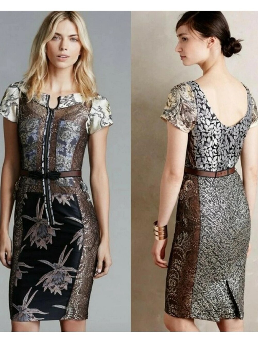 Floral Panel Mixed-Print Sheath Dress - Black/Brown